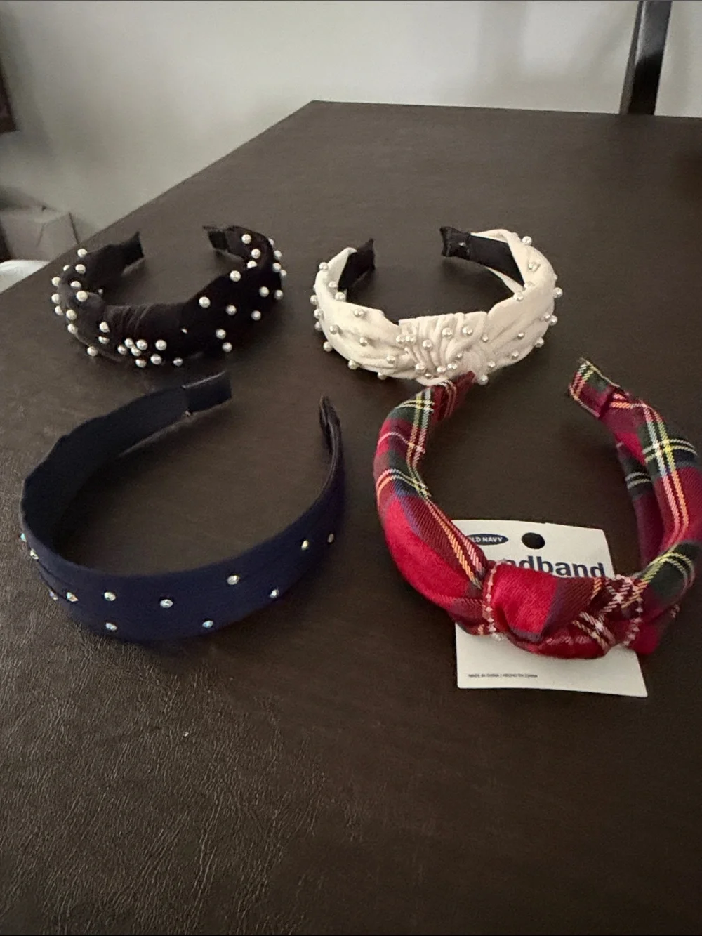 Kids Pearl-Accent Headband Set - Black, White, Navy, Red Plaid